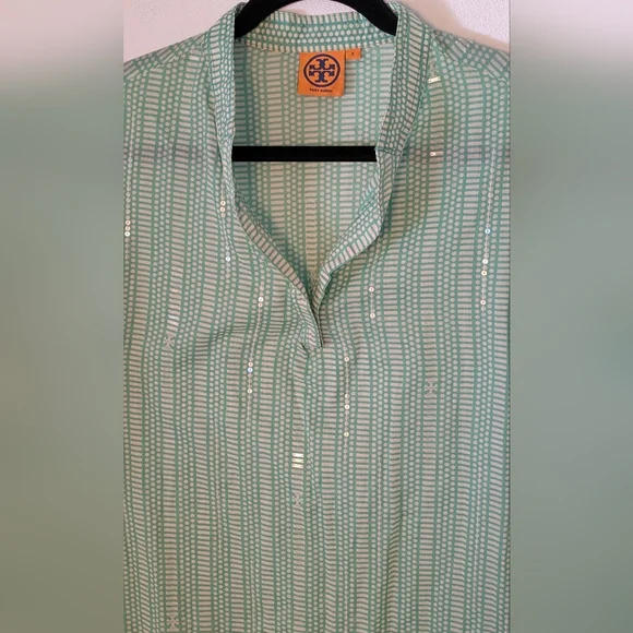 TORY BURCH Stephanie Green Sequin V-Neck Long Sleeve Cotton Tunic Blouse Size 6 - Picture 4 of 14